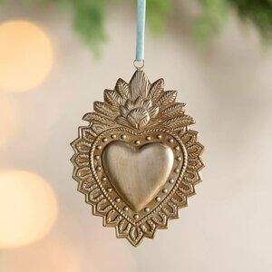 Anthropologie Terrain Gilded Silver Heart Medallion Christmas Ornament